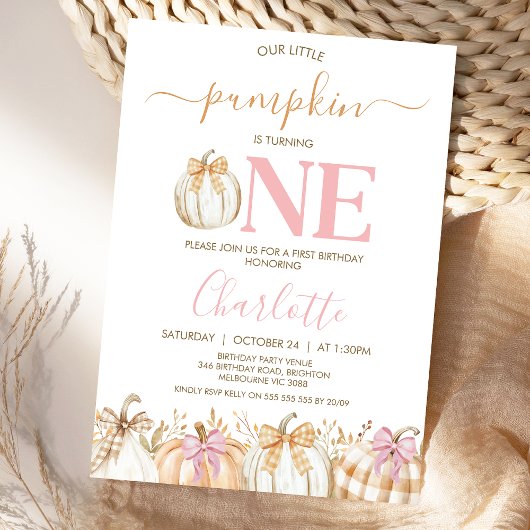 Herfst Roze Meisjes Plaid Little Pumpkin 1st Birth Kaart