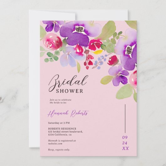 Herfst roze paarse bloemenwaterverf vrijgezellenfe kaart (Voorkant)