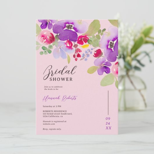 Herfst roze paarse bloemenwaterverf vrijgezellenfe kaart (Staand voorkant)