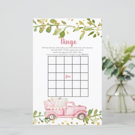 Herfst Roze pomkin Truck Baby shower Bingo Game (Staand voorkant)
