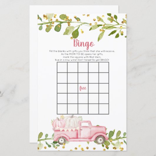 Herfst Roze pomkin Truck Baby shower Bingo Game (Voorkant / Achterkant)