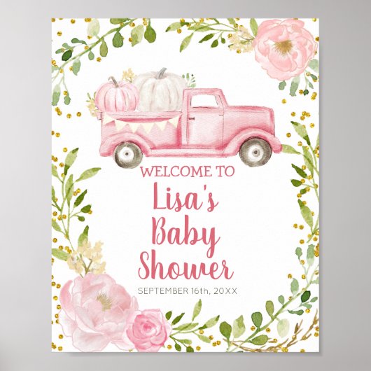 Herfst Roze pomkin Truck Baby shower Welkom Poster (Voorkant)