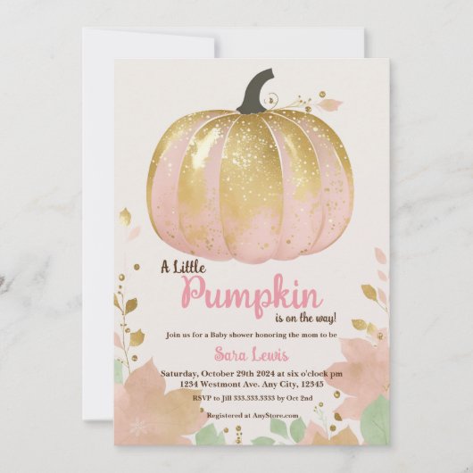Herfst roze pompoen baby shower gouden pompoen kaart (Voorkant)