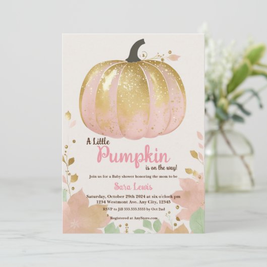 Herfst roze pompoen baby shower gouden pompoen kaart (Staand voorkant)
