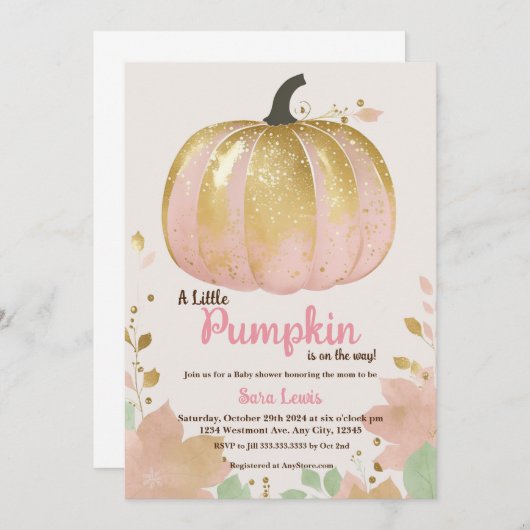Herfst roze pompoen baby shower gouden pompoen kaart (Voorkant / Achterkant)