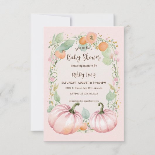 Herfst Roze Pompoen Baby shower uitnodiging (Voorkant)