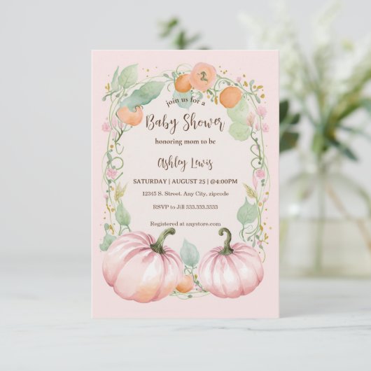 Herfst Roze Pompoen Baby shower uitnodiging (Staand voorkant)