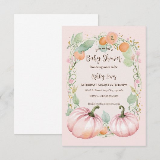 Herfst Roze Pompoen Baby shower uitnodiging (Voorkant / Achterkant)
