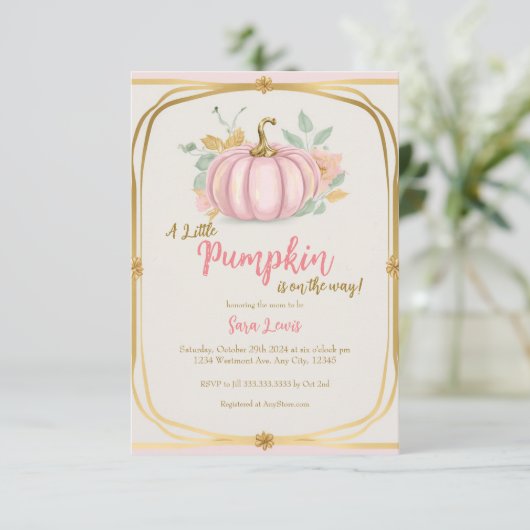 Herfst Roze Pompoen babyshower uitnodiging (Staand voorkant)
