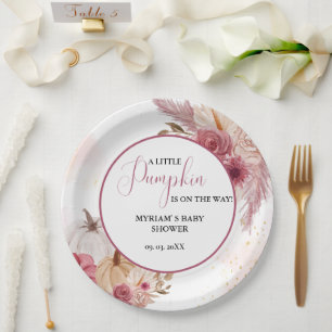 Herfst Roze Pompoen Bloemen Meisje Baby shower Papieren Bordje