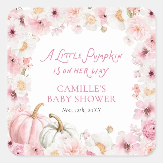 Herfst Roze Pompoen Favor Baby Shower Vierkante Sticker (Voorkant)