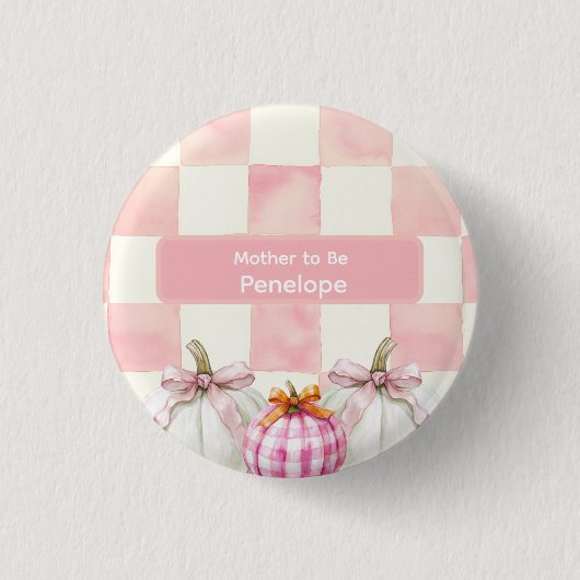 Herfst Roze Pompoen Gingham Baby shower Moeder te  Ronde Button 3,2 Cm (Voorkant)