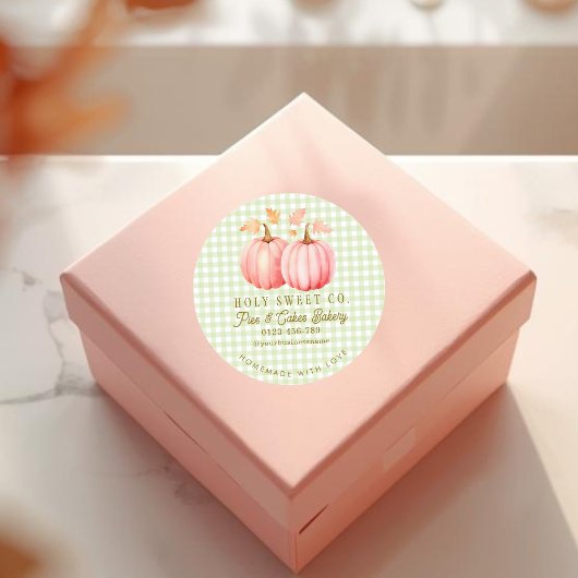 Herfst Roze Pompoen Gingham Bakkerij Ronde Sticker
