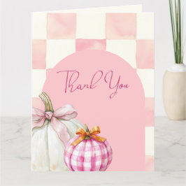 Herfst Roze Pompoen Gingham Meisje Baby shower Bedankkaart