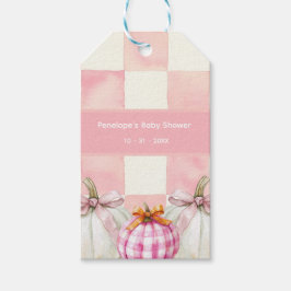 Herfst Roze Pompoen Gingham Meisje Baby shower Cadeaulabel