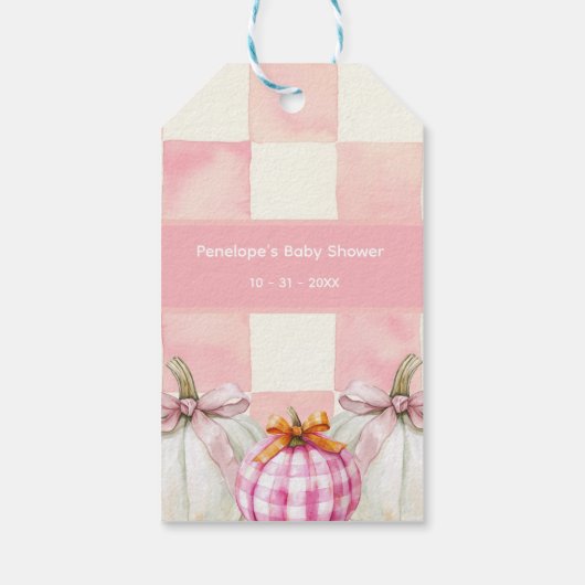 Herfst Roze Pompoen Gingham Meisje Baby shower Cadeaulabel (Achterkant)