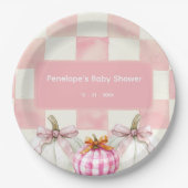 Herfst Roze Pompoen Gingham Meisje Baby shower Papieren Bordje (Voorkant)