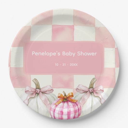 Herfst Roze Pompoen Gingham Meisje Baby shower Papieren Bordje (Voorkant)