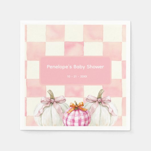 Herfst Roze Pompoen Gingham Meisje Baby shower Servet (Voorkant)