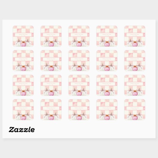 Herfst Roze Pompoen Gingham Meisje Baby shower Vierkante Sticker (Vel)