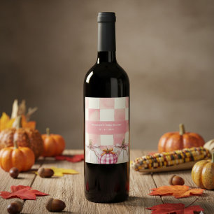 Herfst Roze Pompoen Gingham Meisje Baby shower Wijn Etiket