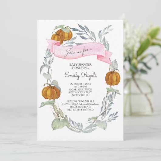 Herfst roze pompoen groen Baby shower Kaart (Staand voorkant)