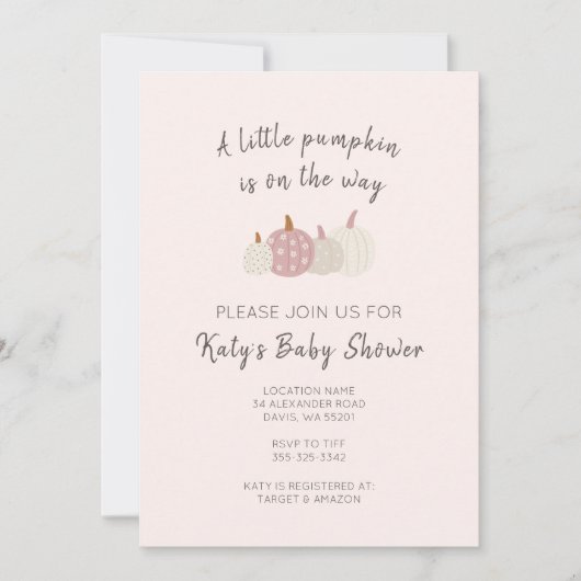 Herfst roze pompoen meisje Baby shower uitnodiging (Voorkant)
