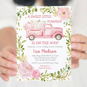 Herfst roze pompoen truck Baby shower meisje Kaart