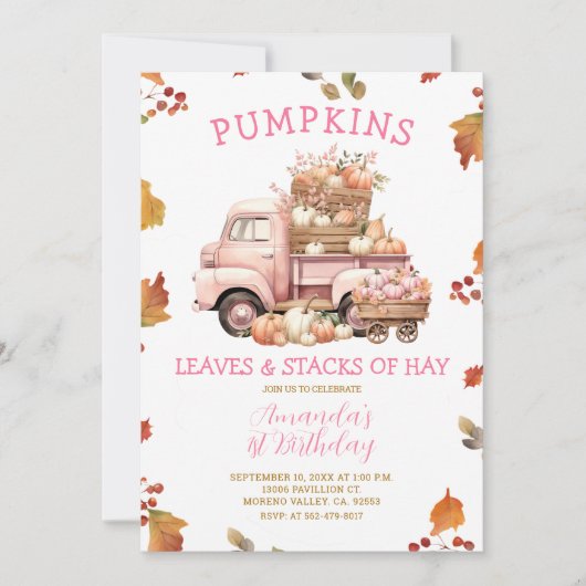 Herfst Roze Pompoen Truck Meisje 1e Verjaardag Her Kaart (Voorkant)