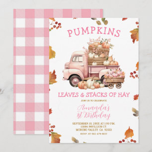 Herfst Roze Pompoen Truck Meisje 1e Verjaardag Her Kaart