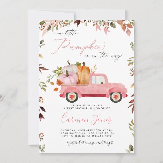 Herfst Roze Pompoen Vrachtwagen Baby shower Invita Kaart (Voorkant)