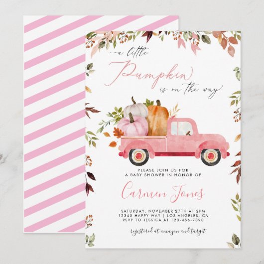 Herfst Roze Pompoen Vrachtwagen Baby shower Invita Kaart (Voorkant / Achterkant)