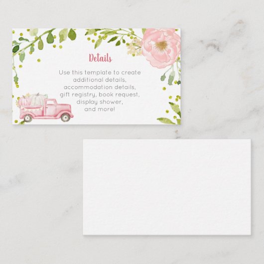 Herfst Roze Pompoen Vrachtwagen Baby shower Inzets Informatiekaartje (Voorkant / Achterkant)