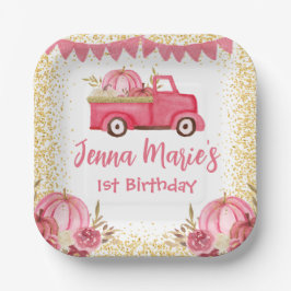 HERFST ROZE TRUCK POMPOEN 1E VERJAARDAG PAPIEREN BORDJE