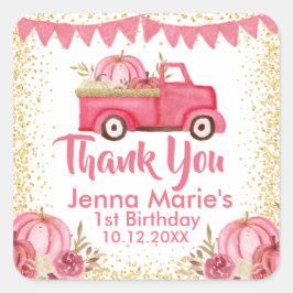 HERFST ROZE TRUCK POMPOEN 1E VERJAARDAG VIERKANTE STICKER