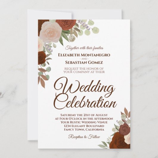 Herfst Rozen Elegant Roest Sinaasappel Bruiloft Kaart (Voorkant)