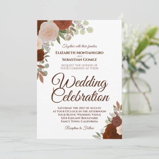 Herfst Rozen Elegant Roest Sinaasappel Bruiloft Kaart (Staand voorkant)