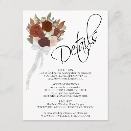 Herfst Rozen Rust Sinaasappel Boeket Bruiloft Deta Informatiekaartje (Voorkant)