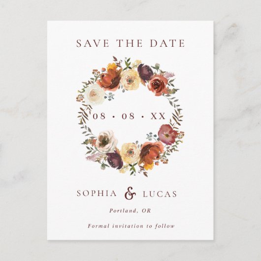 Herfst Rust Burgundy Wreath Wedding Save the Date Aankondigingskaart (Voorkant)