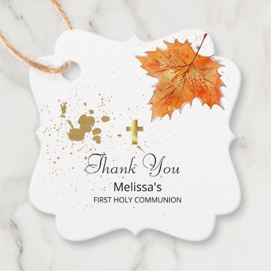 Herfst Rust gouden sinaasappel bladeren First Holy Bedankjes Labels (Voorkant)