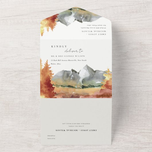 Herfst Rust Oranje Mountain Trees Foliage Wedding All In One Uitnodiging (Buitenkant)