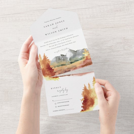 Herfst Rust Oranje Mountain Trees Foliage Wedding All In One Uitnodiging (Afscheurbaar)