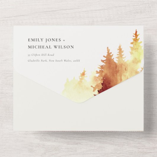 Herfst Rust Oranje Waterverf Trees Foliage Wedding All In One Uitnodiging (Achterkant)