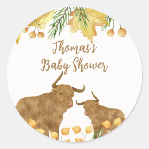 Herfst Rustic Boho Highland Koe Baby shower Ronde Sticker