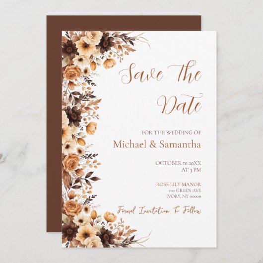 Herfst Rustic Brown en Ivoor Roos Country Wedding Save The Date (Voorkant / Achterkant)