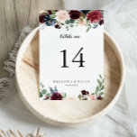 Herfst Rustic Burgundy Modern Calligraphy Wedding Kaart<br><div class="desc">Dit najaar is het rustige burgundy moderne kalligrafie trouwlijstnummer perfect voor een eenvoudige bruiloft. Het ontwerp is voorzien van bruine, rode, marineuze, blauwe en blauwe radiant en gracieuze handbeschilderde bloemen, die de natuurlijke schoonheid inspireren. Dit is een dubbelzijdig tabelnummer. Voeg elk tabelnummer toe dat u aan uw karretje afzonderlijk nodig...</div>