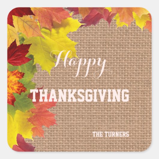 Herfst Rustic Burlap Happy Thanksgiving Monogram Vierkante Sticker (Voorkant)