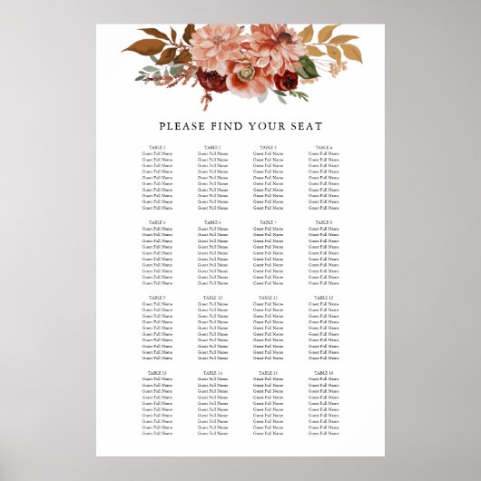 Herfst Rustic Floral Wedding Seating Chart Poster (Voorkant)