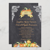 Herfst Rustic Lace Pumpkins Chalkboard Wedding Kaart (Voorkant / Achterkant)