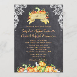 Herfst Rustic Lace Pumpkins Chalkboard Wedding Kaart